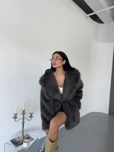 Astarlı Bağlamalı Kürk S - koyu gri