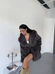 Astarlı Bağlamalı Kürk S - koyu gri