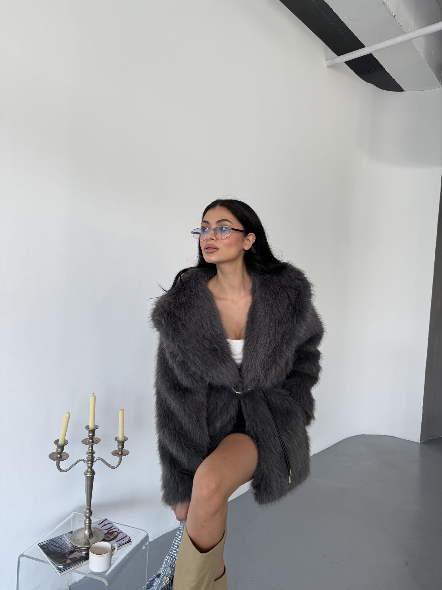 Astarlı Bağlamalı Kürk M - koyu gri