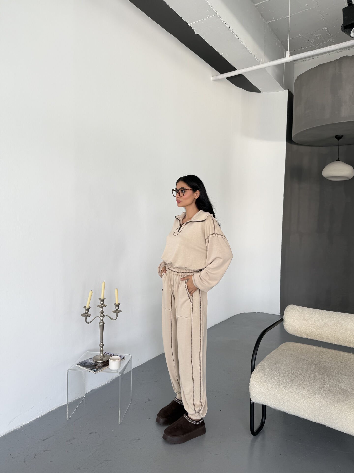 Oysho Çizgi Detay Takım M - krem